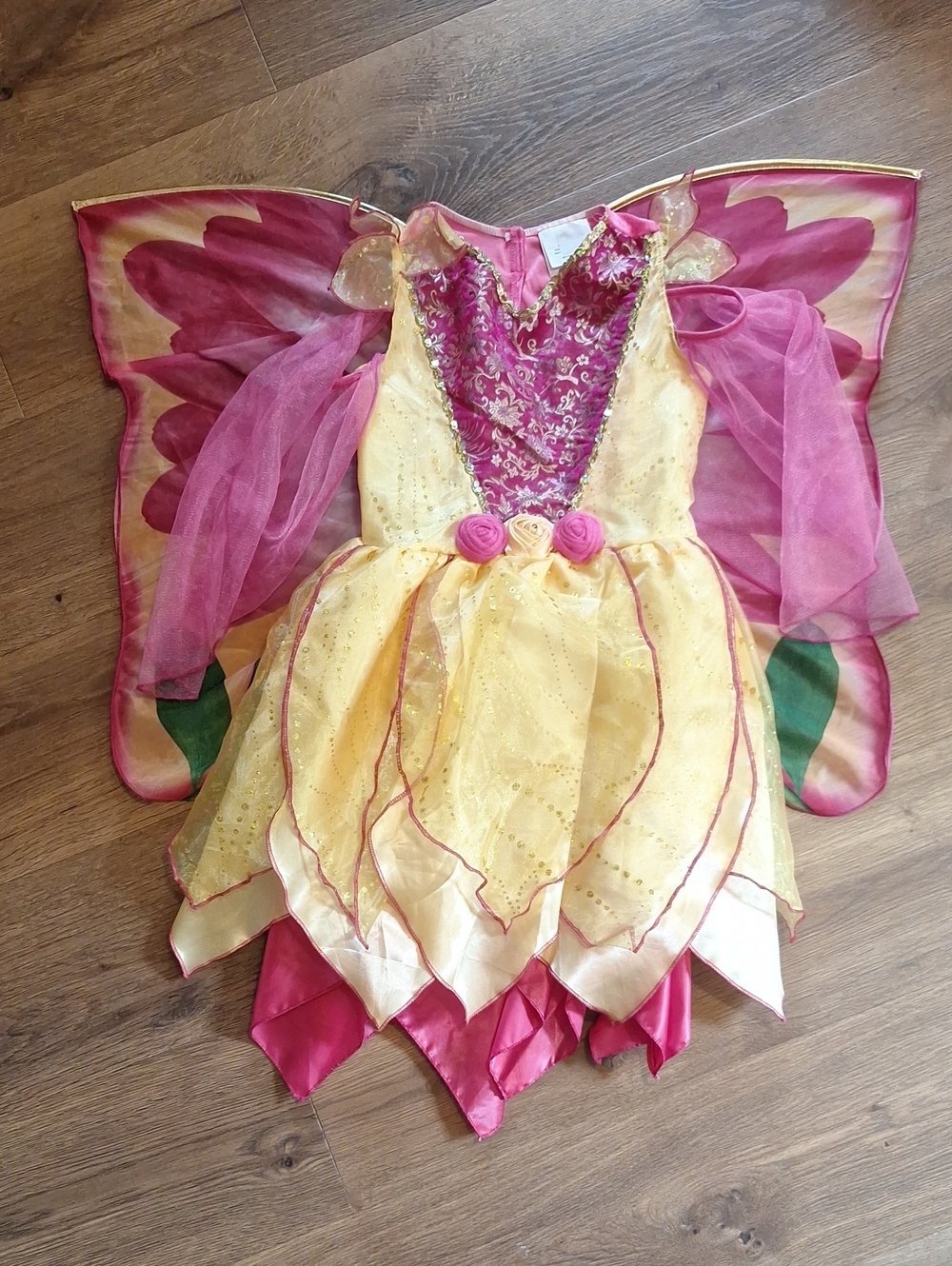 Yellow & Pink Fairy Wings Costume Dress for Kid. Sz 7-8
